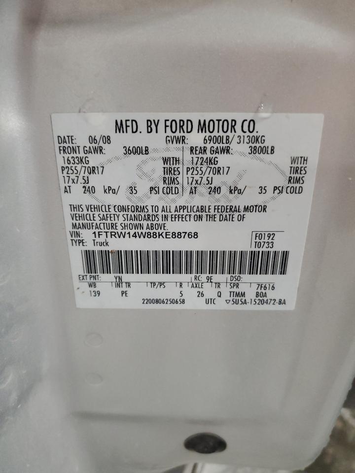 2008 Ford F150 Supercrew VIN: 1FTRW14W88KE88768 Lot: 85088835