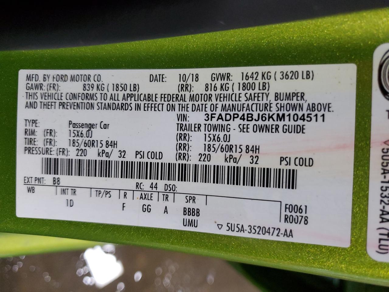 2019 Ford Fiesta Se VIN: 3FADP4BJ6KM104511 Lot: 84862865