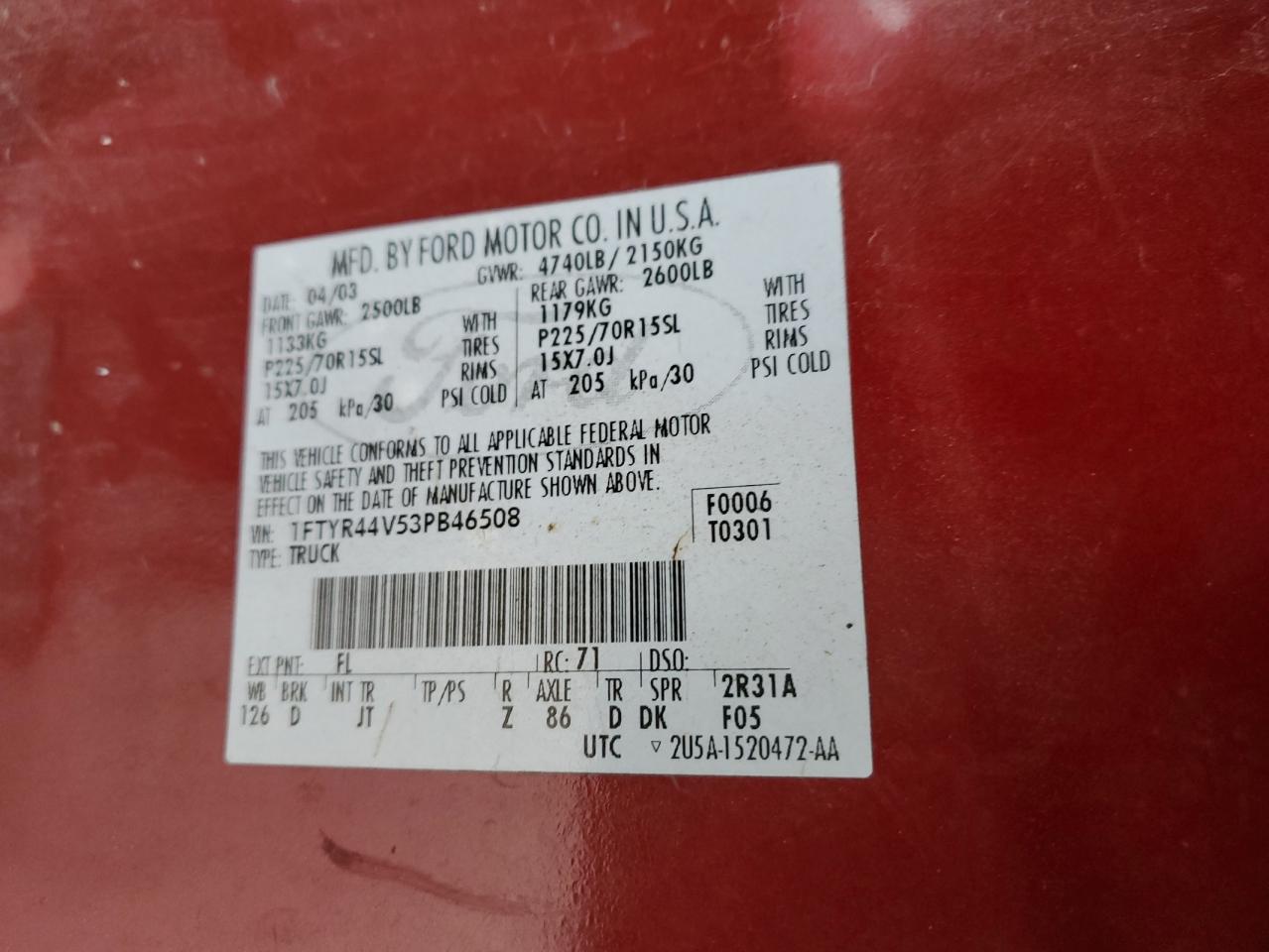 2003 Ford Ranger Super Cab VIN: 1FTYR44V53PB46508 Lot: 90551165