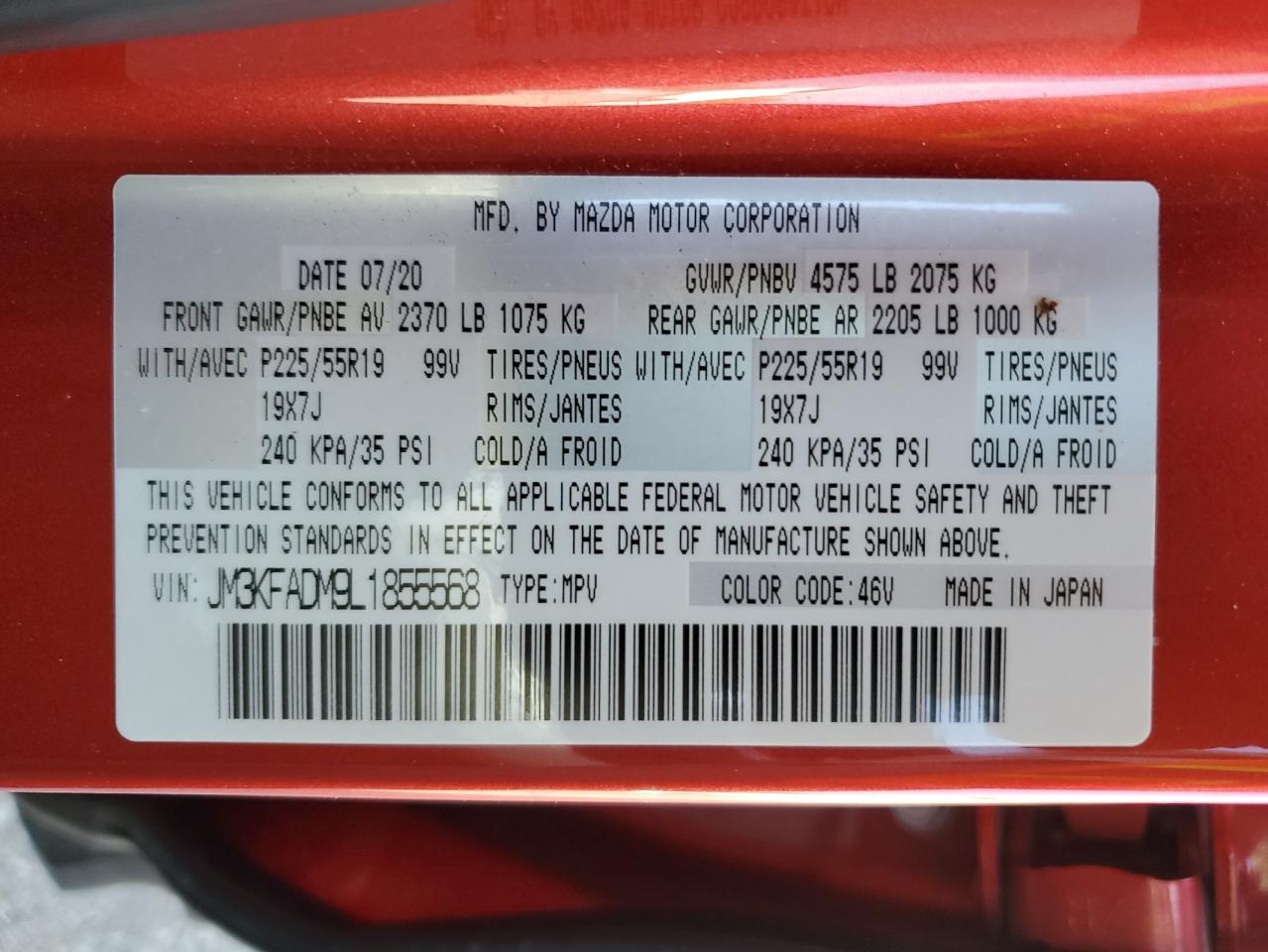 2020 Mazda Cx-5 Grand Touring VIN: JM3KFADM9L1855568 Lot: 89563205