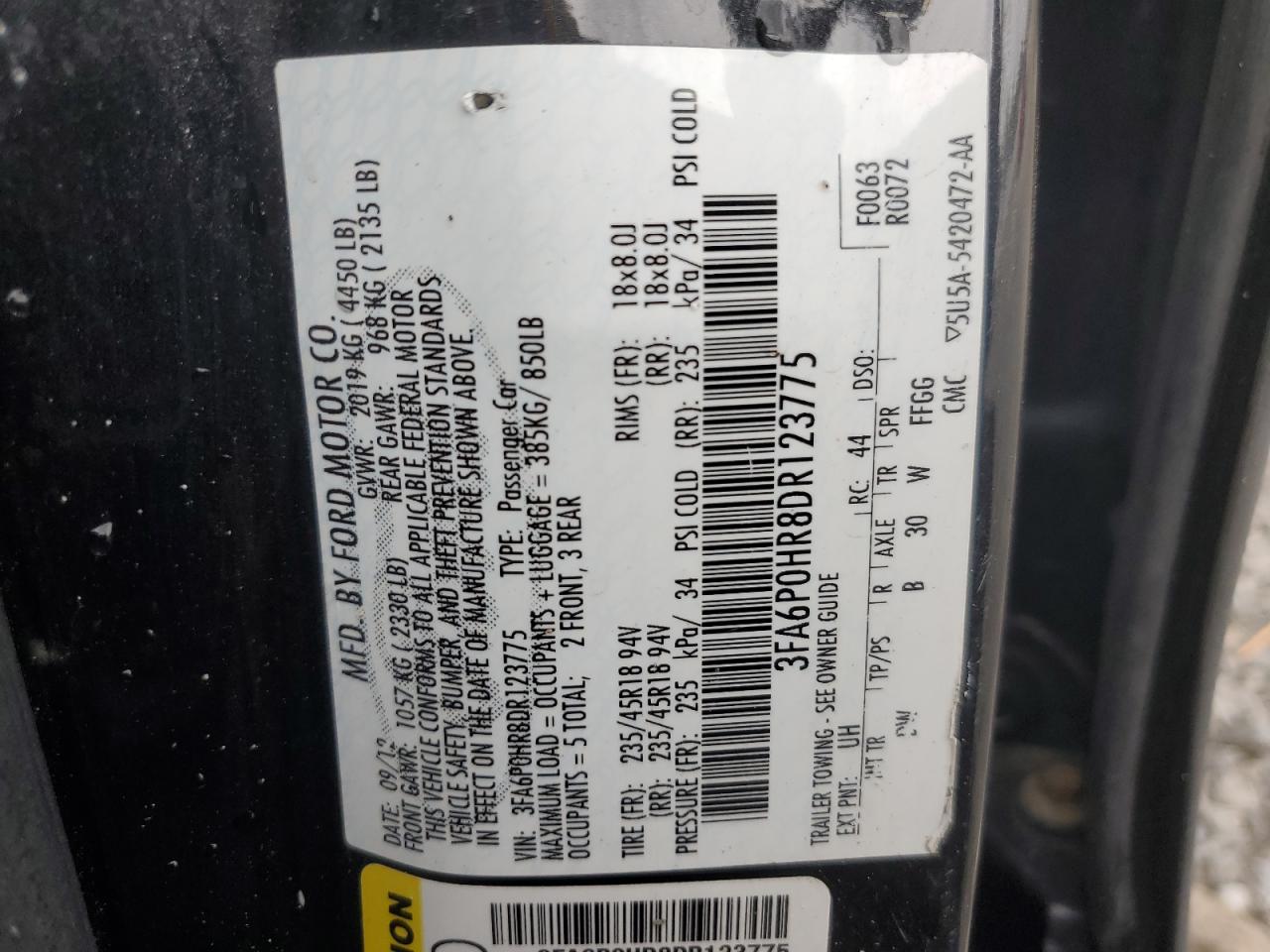 2013 Ford Fusion Se VIN: 3FA6P0HR8DR123775 Lot: 82211545