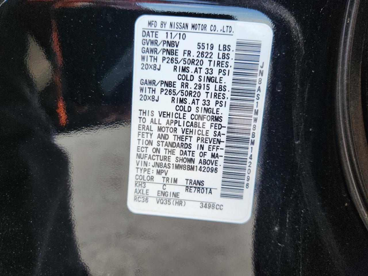 2011 Infiniti Fx35 VIN: JN8AS1MW8BM142096 Lot: 84454195