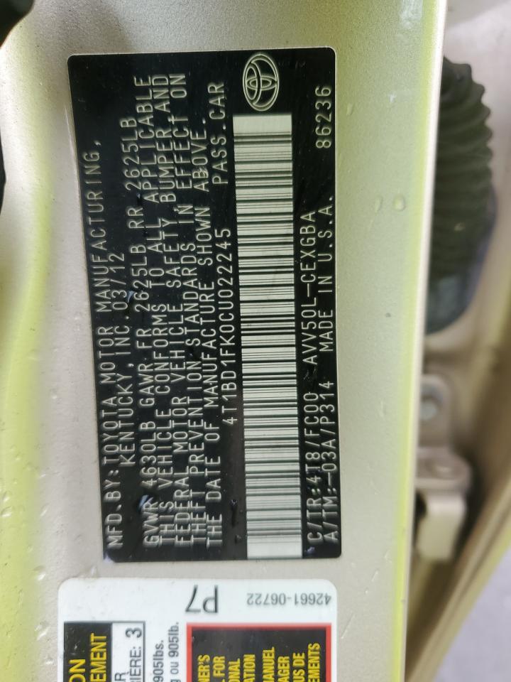 2012 Toyota Camry Hybrid VIN: 4T1BD1FK0CU022245 Lot: 85543095