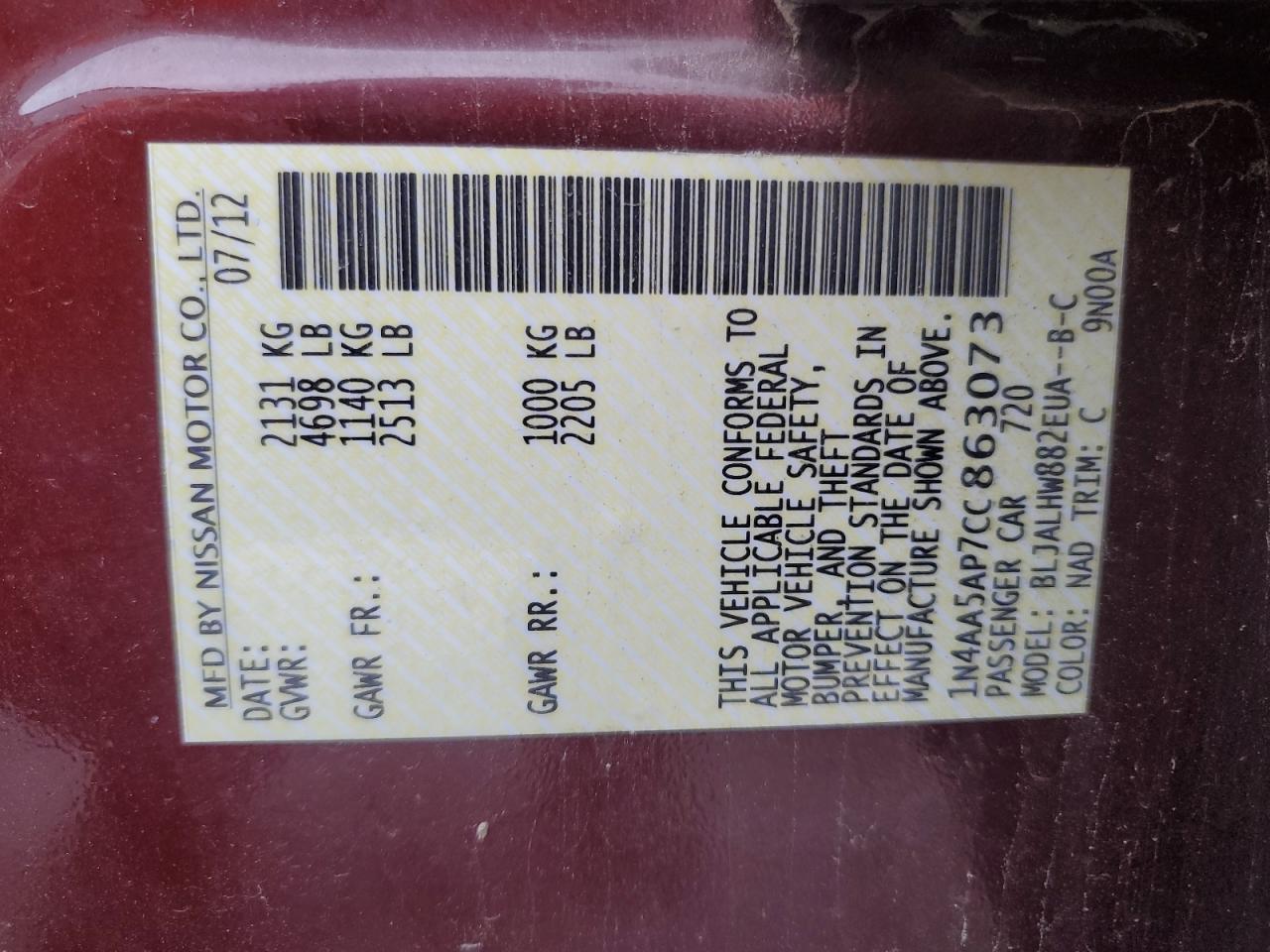 2012 Nissan Maxima S VIN: 1N4AA5AP7CC863073 Lot: 85960945