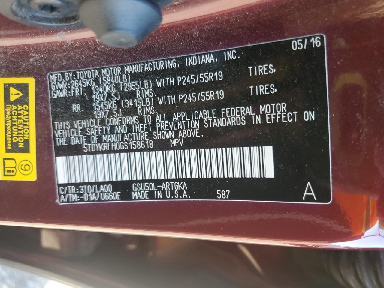 2016 Toyota Highlander Limited VIN: 5TDYKRFH0GS158618 Lot: 86126055