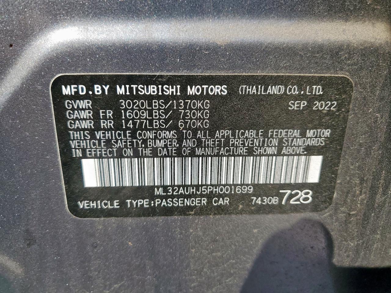 2023 Mitsubishi Mirage Es VIN: ML32AUHJ5PH001699 Lot: 84819865