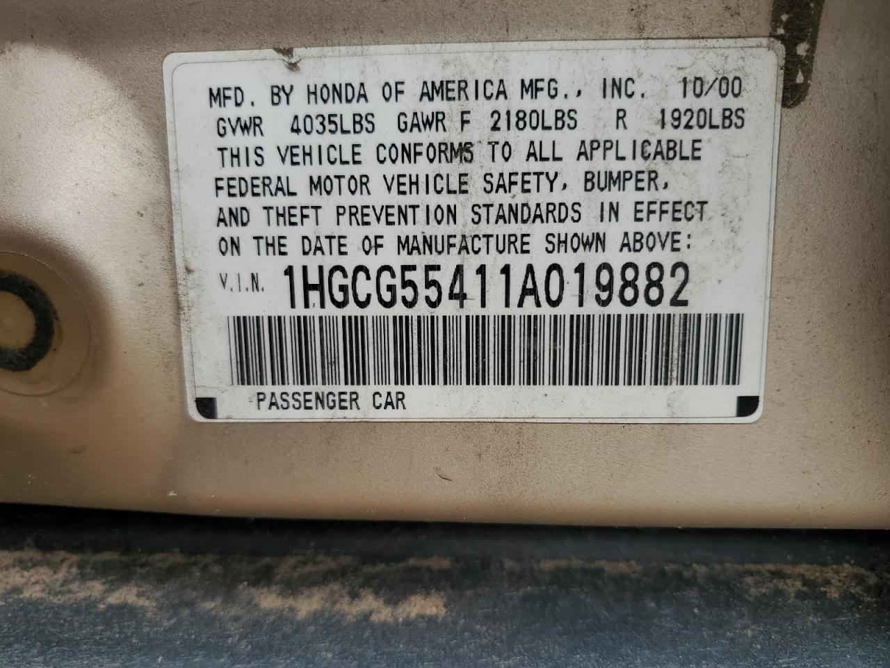 2001 Honda Accord Lx VIN: 1HGCG55411A019882 Lot: 85533545