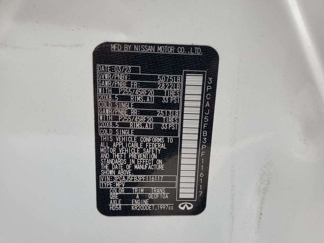 2023 Infiniti Qx50 Sport VIN: 3PCAJ5FB3PF116117 Lot: 90037245