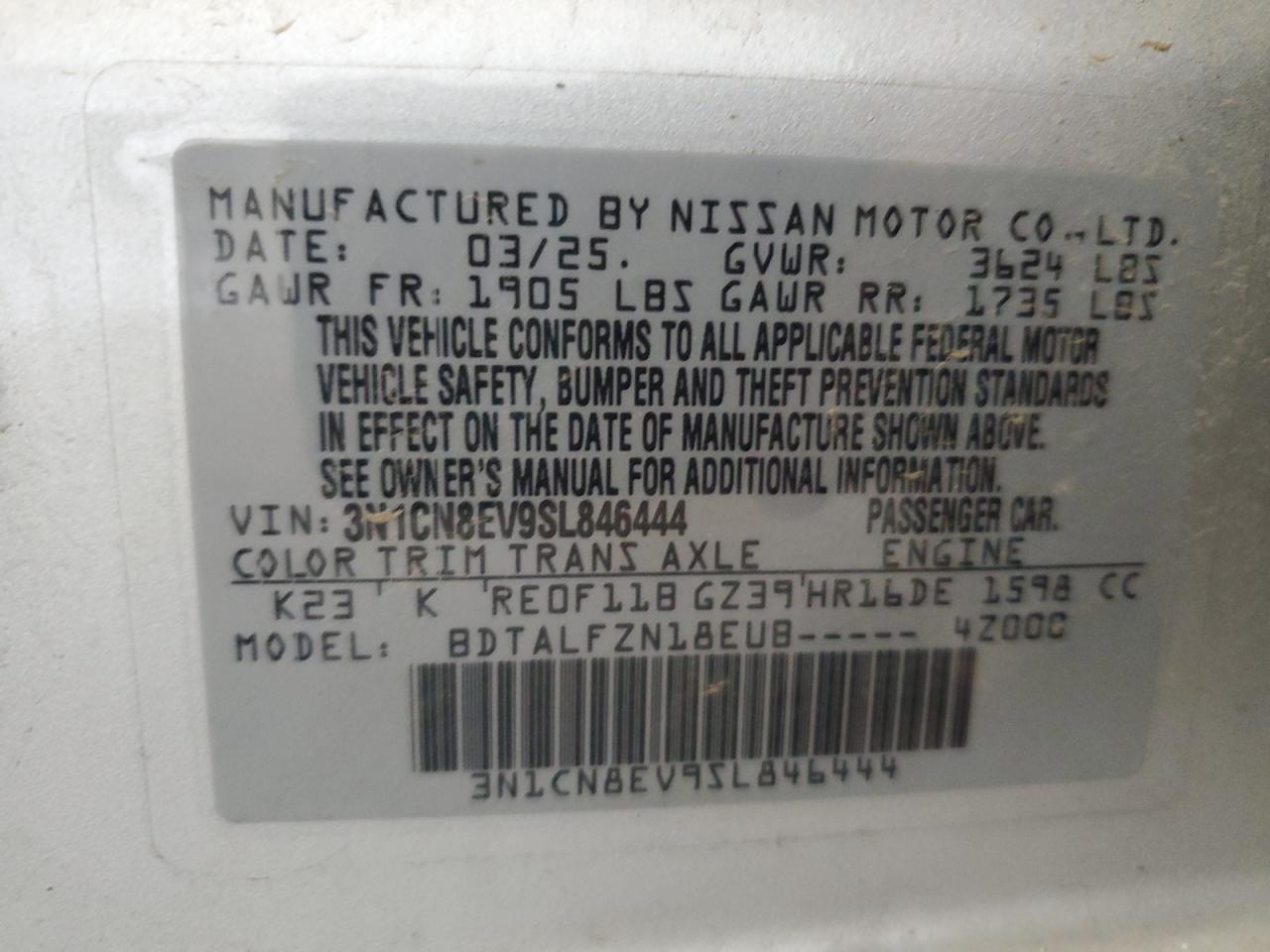 2025 Nissan Versa Sv VIN: 3N1CN8EV9SL846444 Lot: 86612735