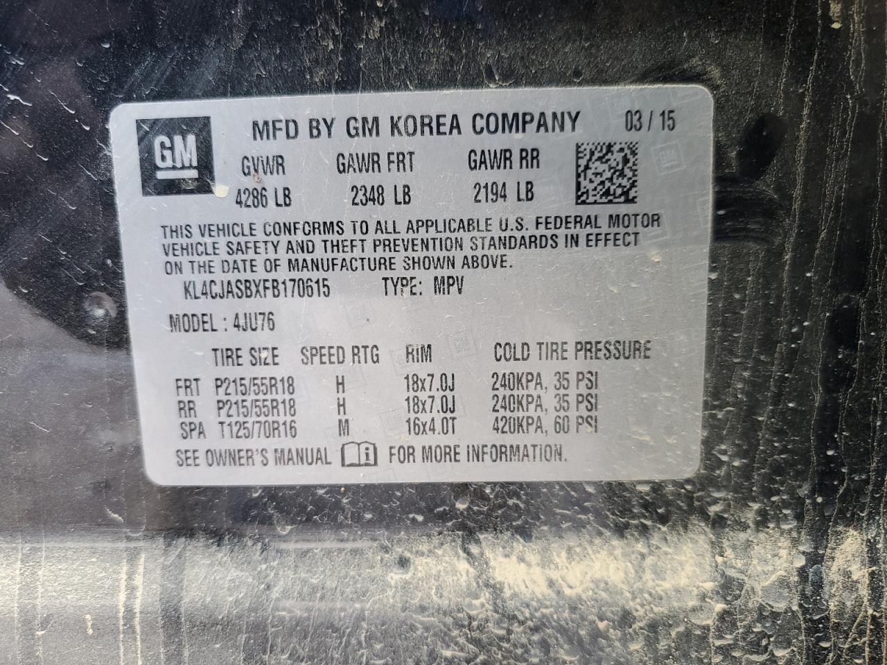 2015 Buick Encore VIN: KL4CJASBXFB170615 Lot: 90741925