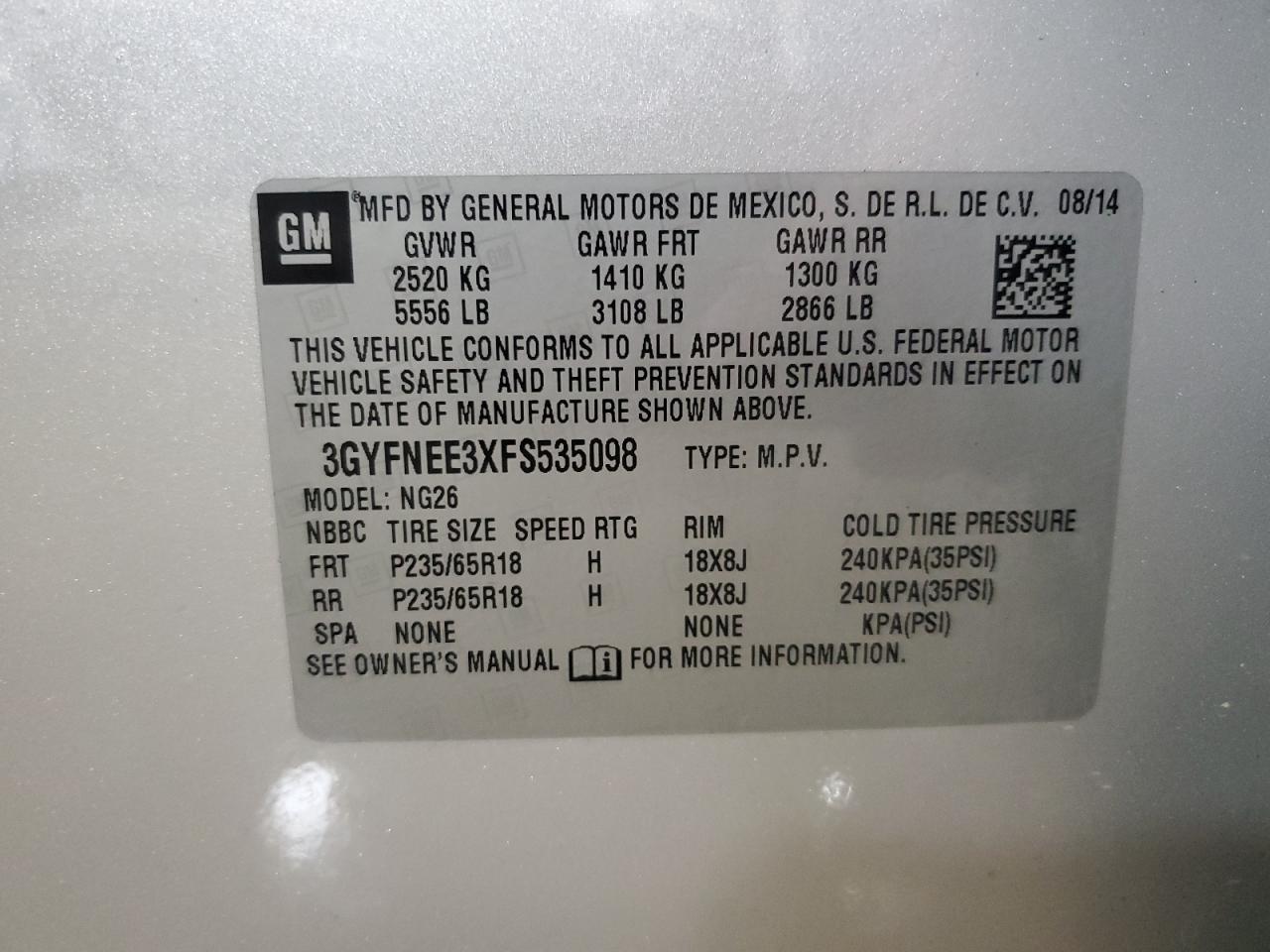 2015 Cadillac Srx Luxury Collection VIN: 3GYFNEE3XFS535098 Lot: 85096665