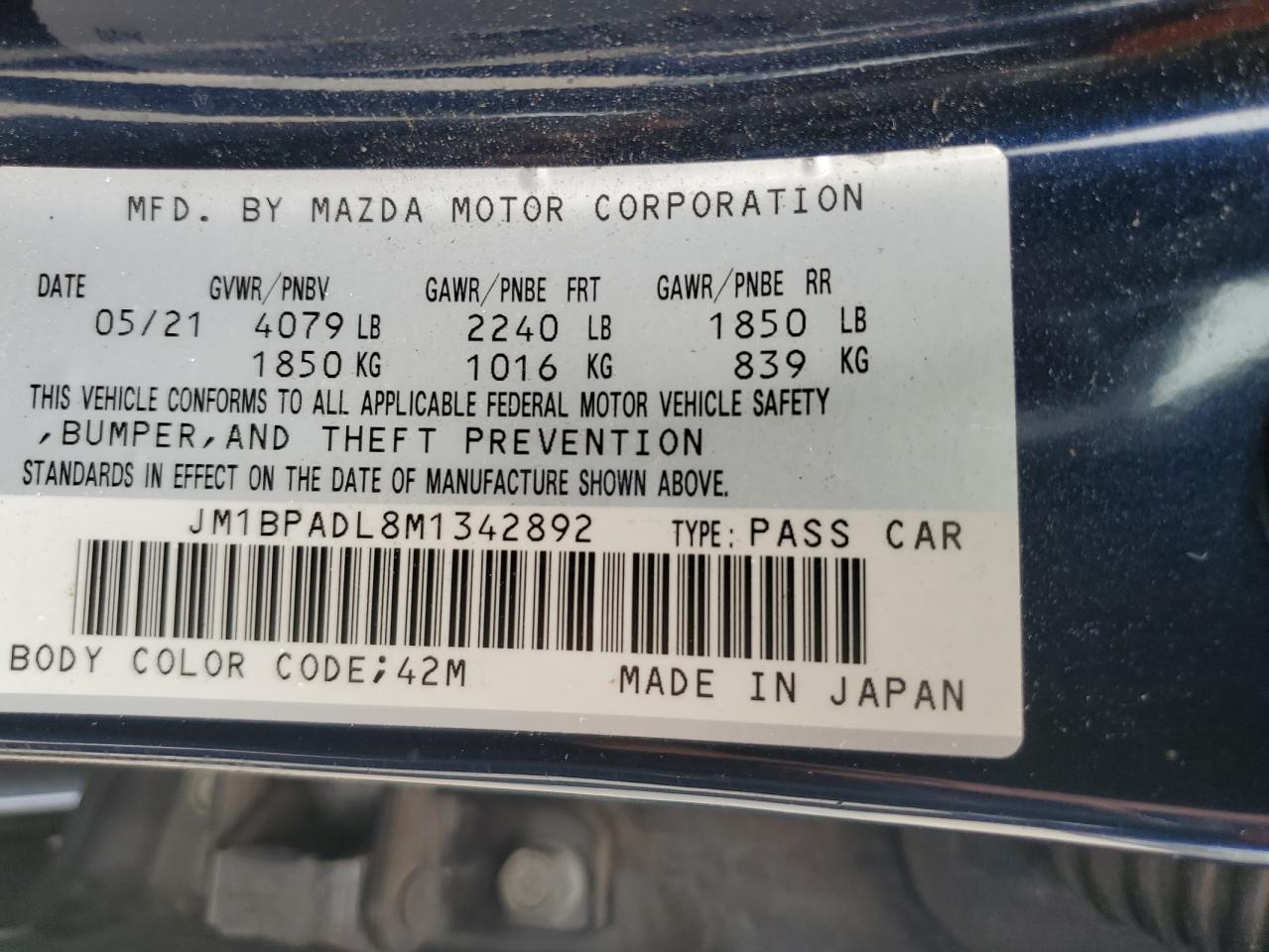 2021 Mazda 3 Premium VIN: JM1BPADL8M1342892 Lot: 84354825