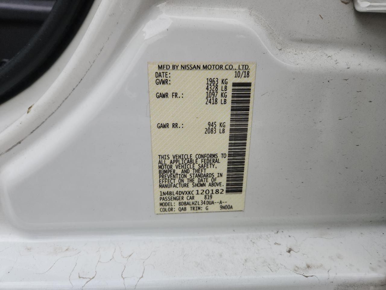 2019 Nissan Altima Sv VIN: 1N4BL4DVXKC120182 Lot: 82328955