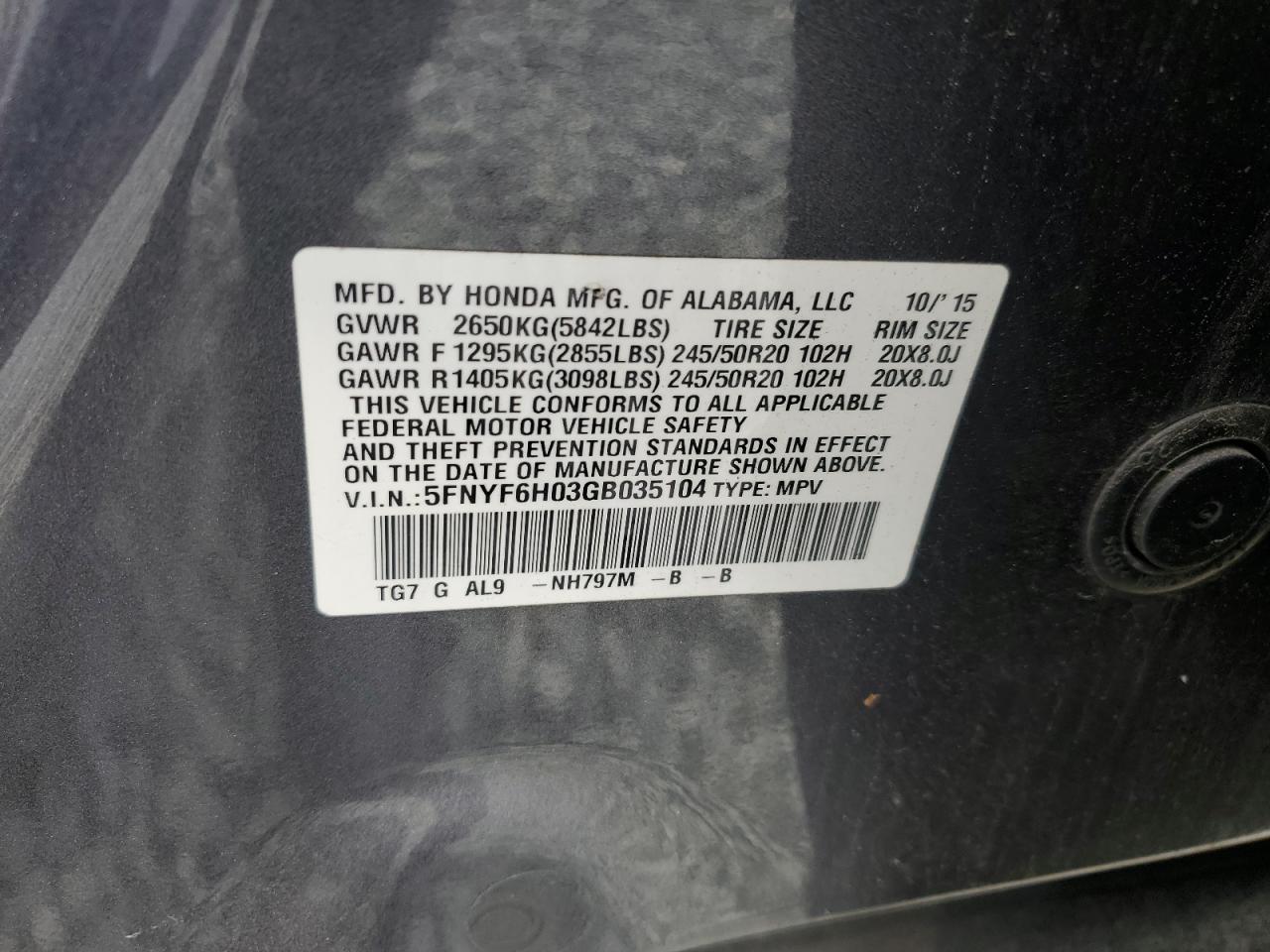 2016 Honda Pilot Elite VIN: 5FNYF6H03GB035104 Lot: 85009795