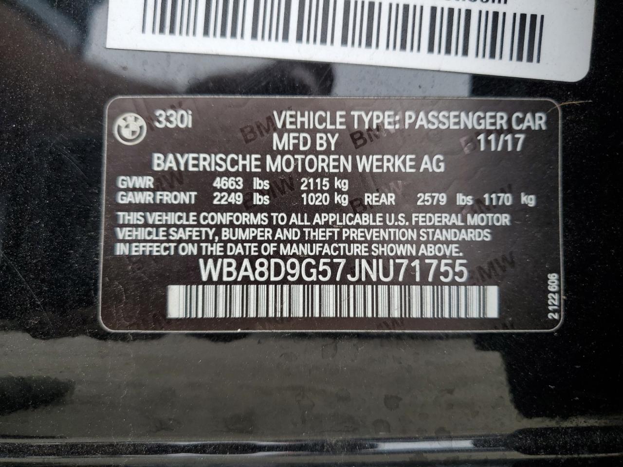 2018 BMW 330 Xi VIN: WBA8D9G57JNU71755 Lot: 82231915