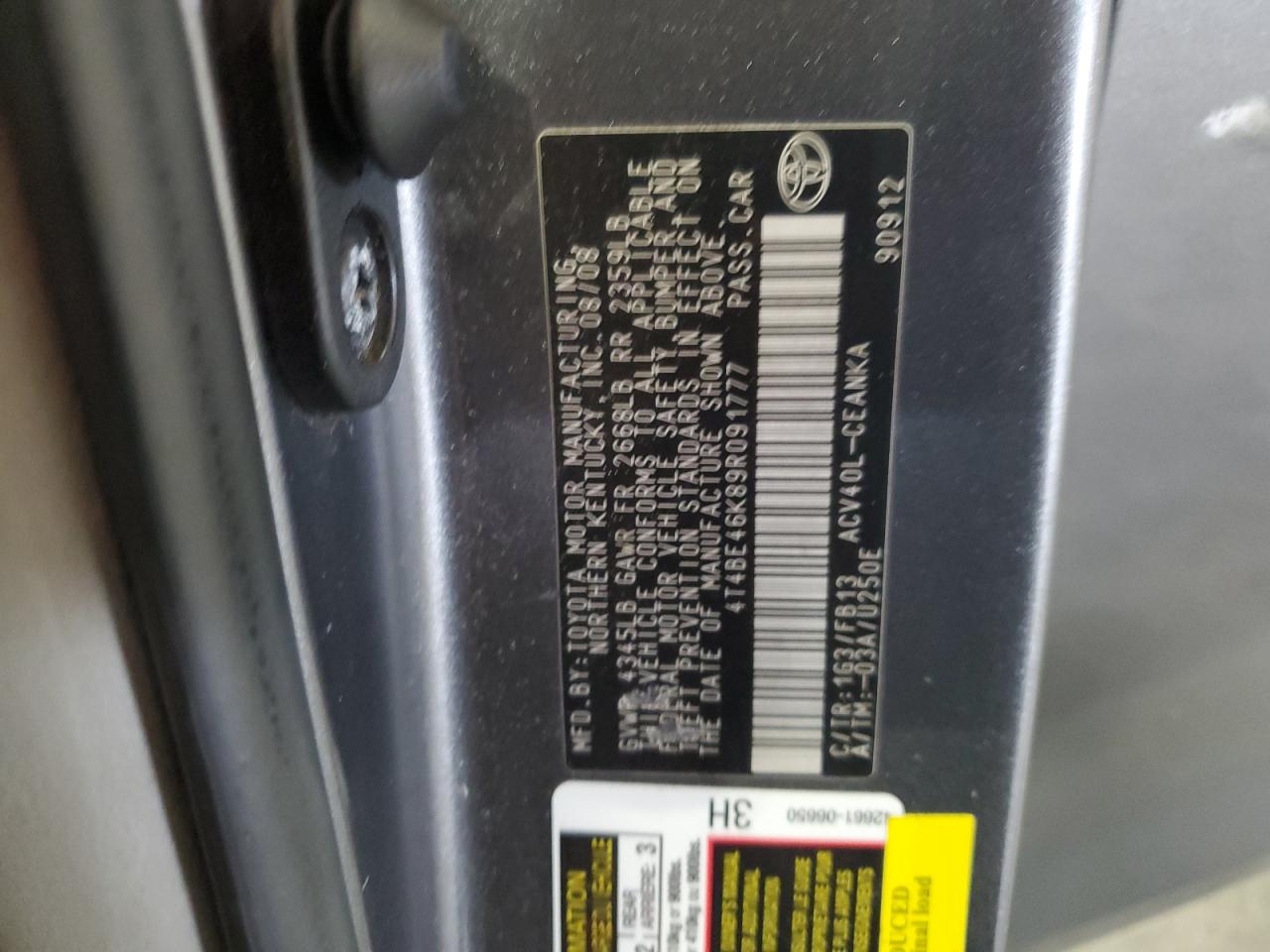 2009 Toyota Camry Base VIN: 4T4BE46K89R091777 Lot: 85108175