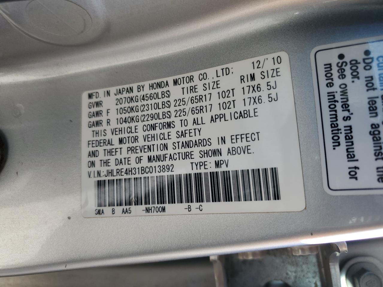 2011 Honda Cr-V Lx VIN: JHLRE4H31BC013892 Lot: 85861865