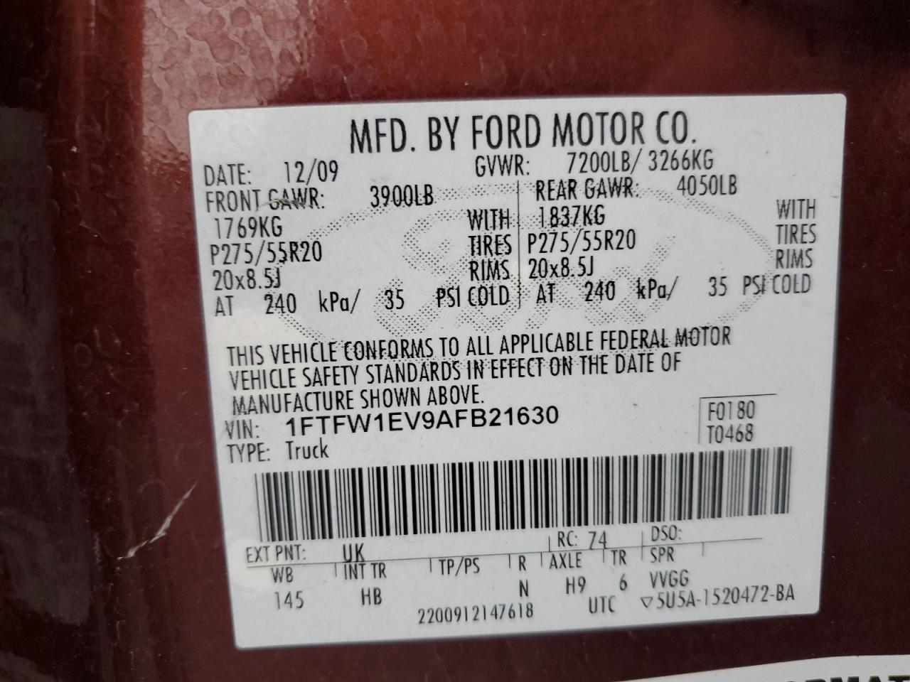 2010 Ford F150 Supercrew VIN: 1FTFW1EV9AFB21630 Lot: 82466885