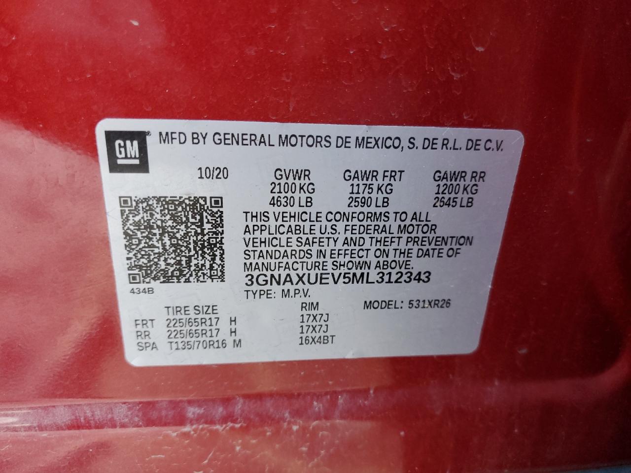 2021 Chevrolet Equinox Lt VIN: 3GNAXUEV5ML312343 Lot: 85163785