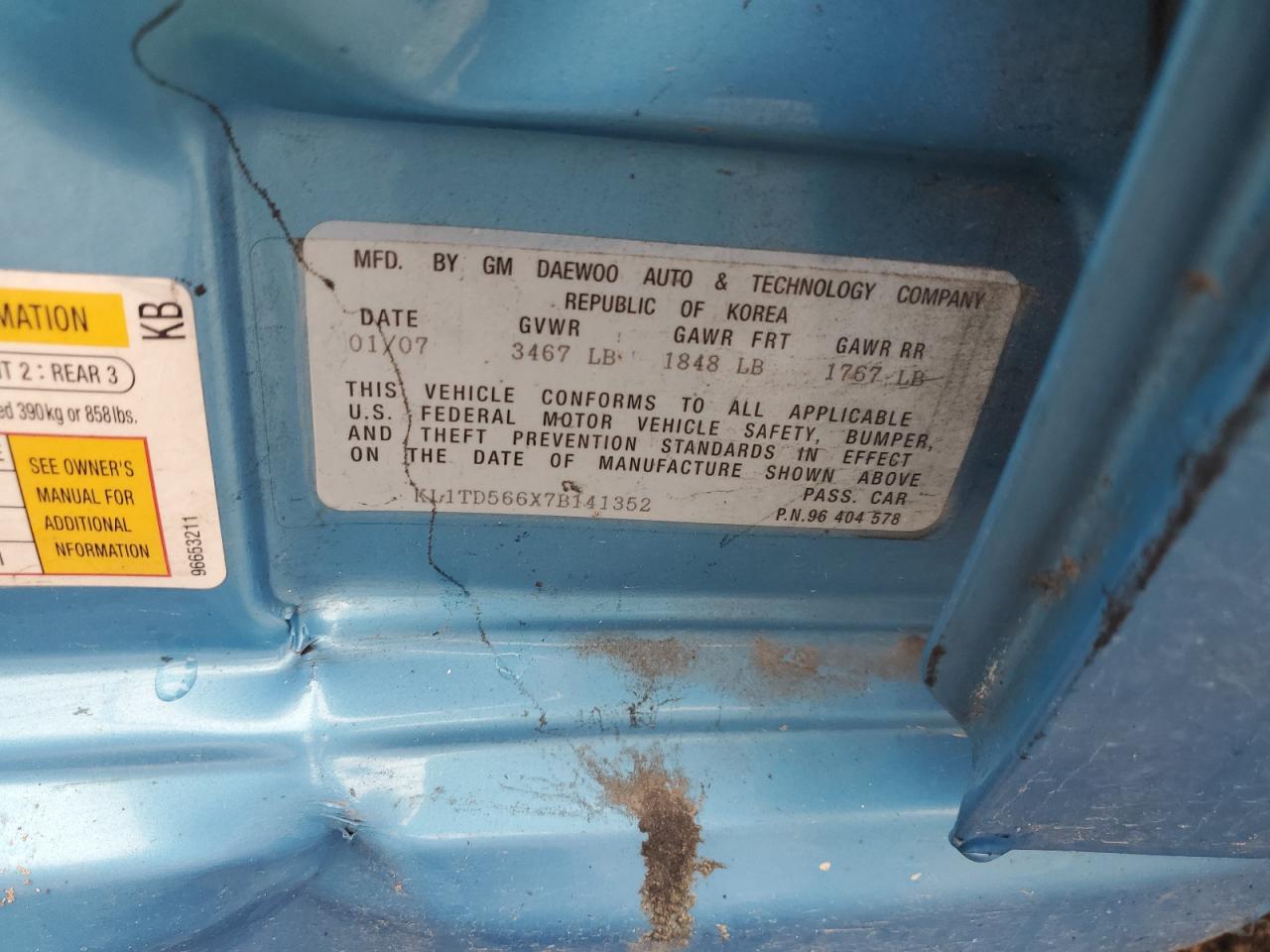 2007 Chevrolet Aveo Base VIN: KL1TD566X7B141352 Lot: 90095635