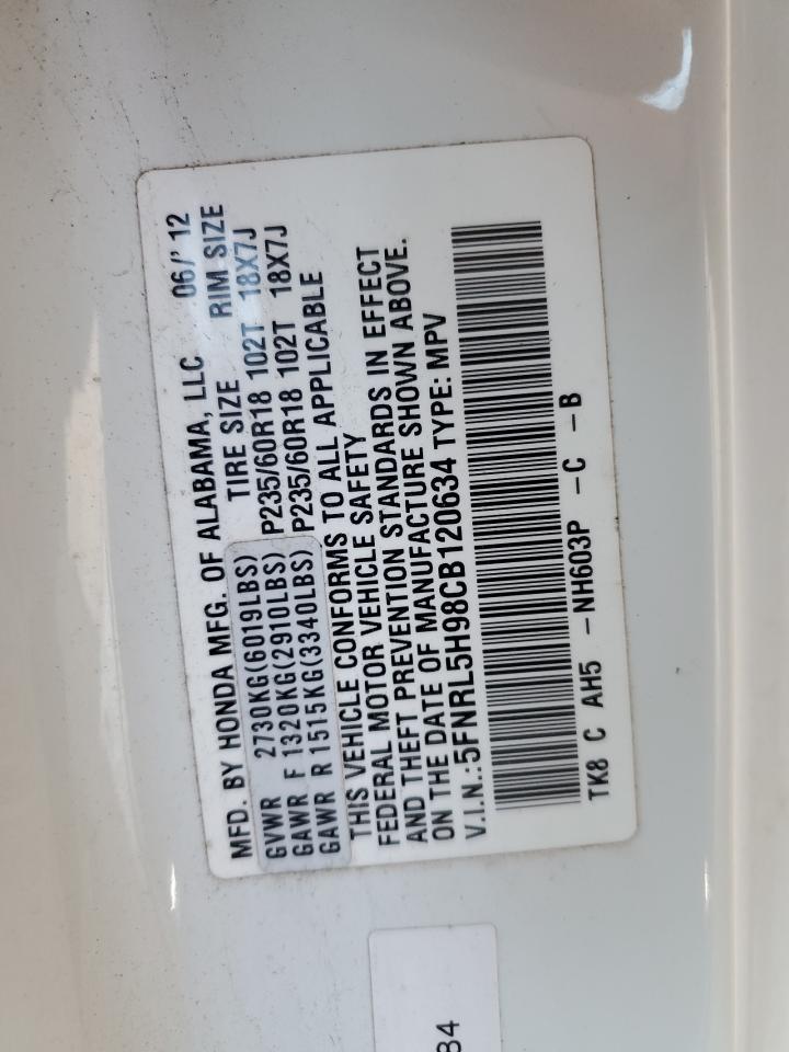 2012 Honda Odyssey Touring VIN: 5FNRL5H98CB120634 Lot: 85095745