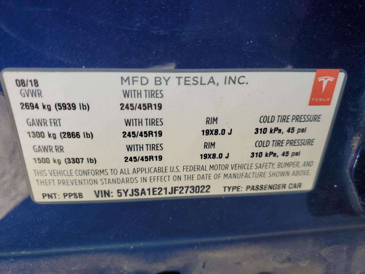 2018 Tesla Model S VIN: 5YJSA1E21JF273022 Lot: 85340895