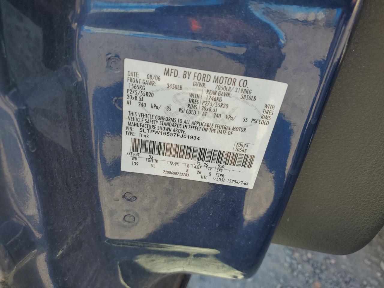 2007 Lincoln Mark Lt VIN: 5LTPW16557FJ01934 Lot: 85300745