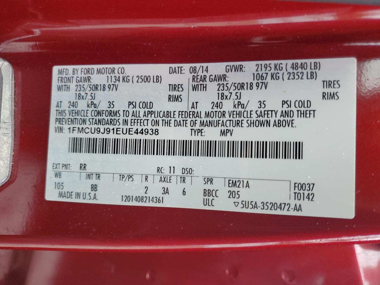 2014 Ford Escape Titanium VIN: 1FMCU9J91EUE44938 Lot: 90236905