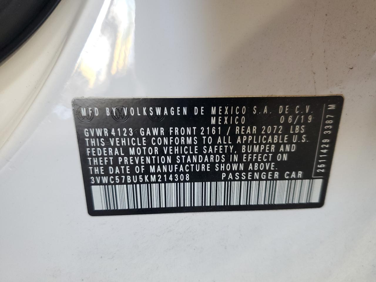 2019 Volkswagen Jetta S VIN: 3VWC57BU5KM214308 Lot: 85112255