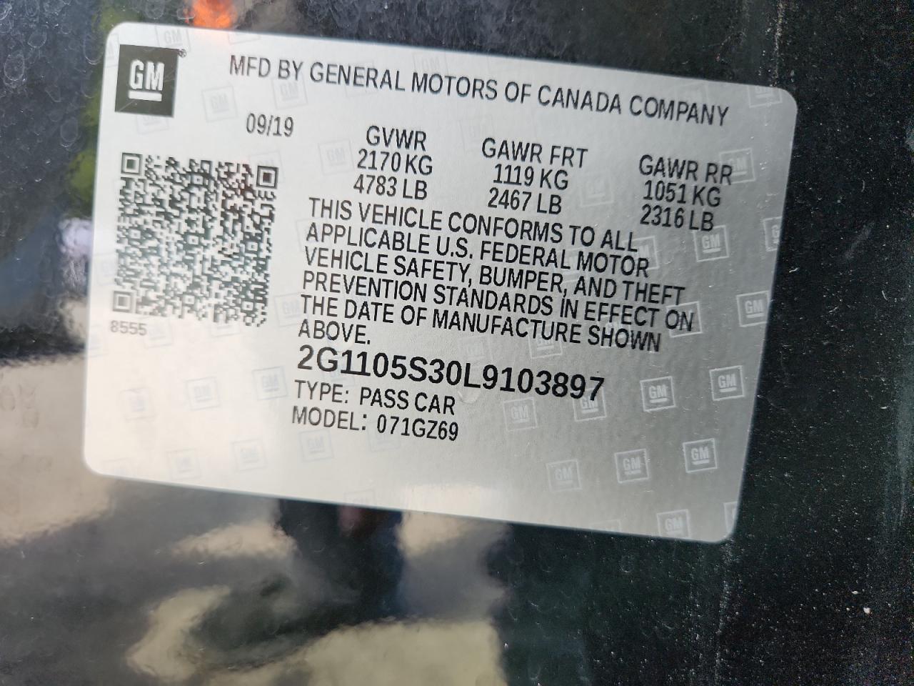 2020 Chevrolet Impala Premier VIN: 2G1105S30L9103897 Lot: 86240115