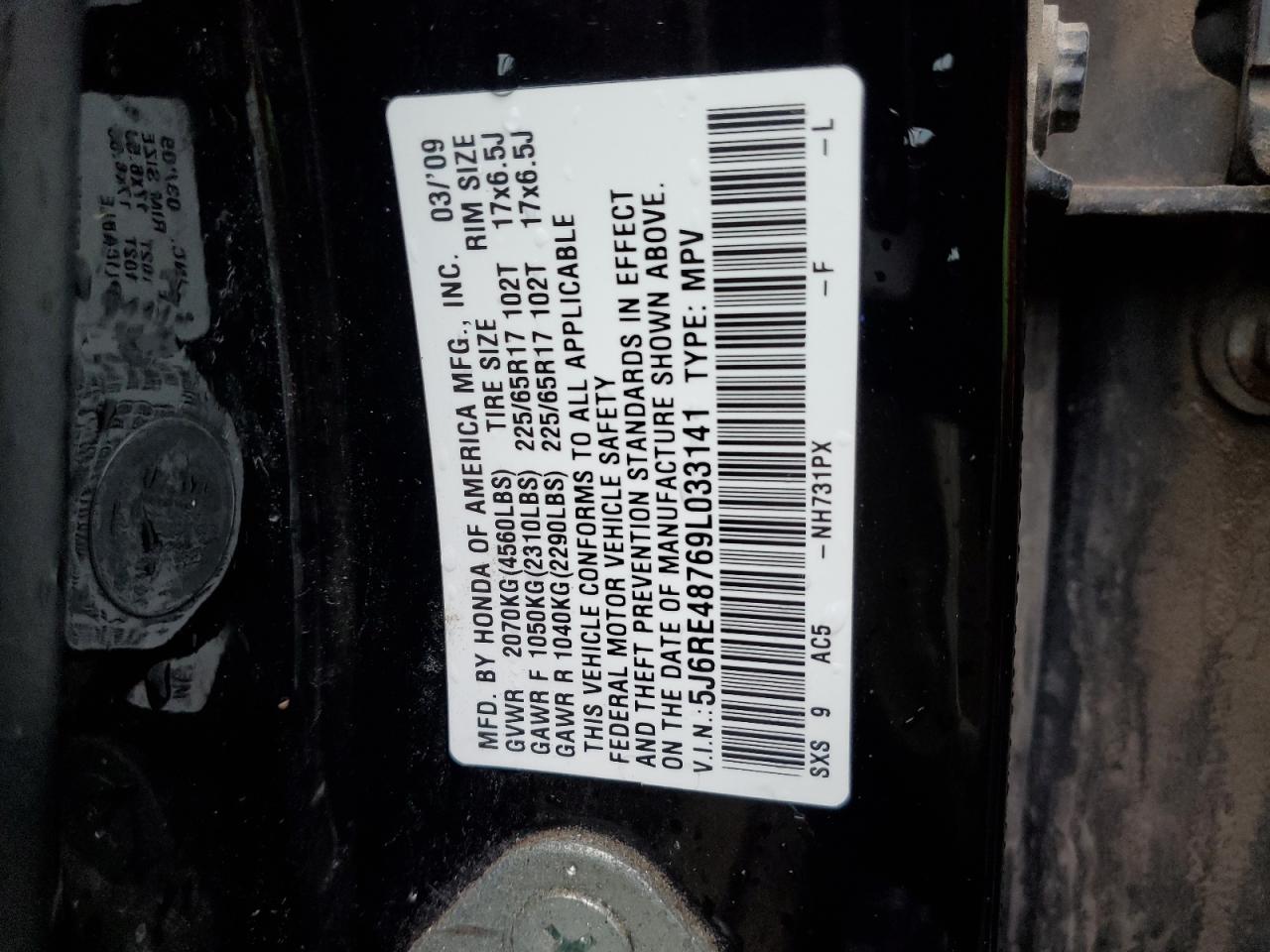 2009 Honda Cr-V Exl VIN: 5J6RE48769L033141 Lot: 85535305