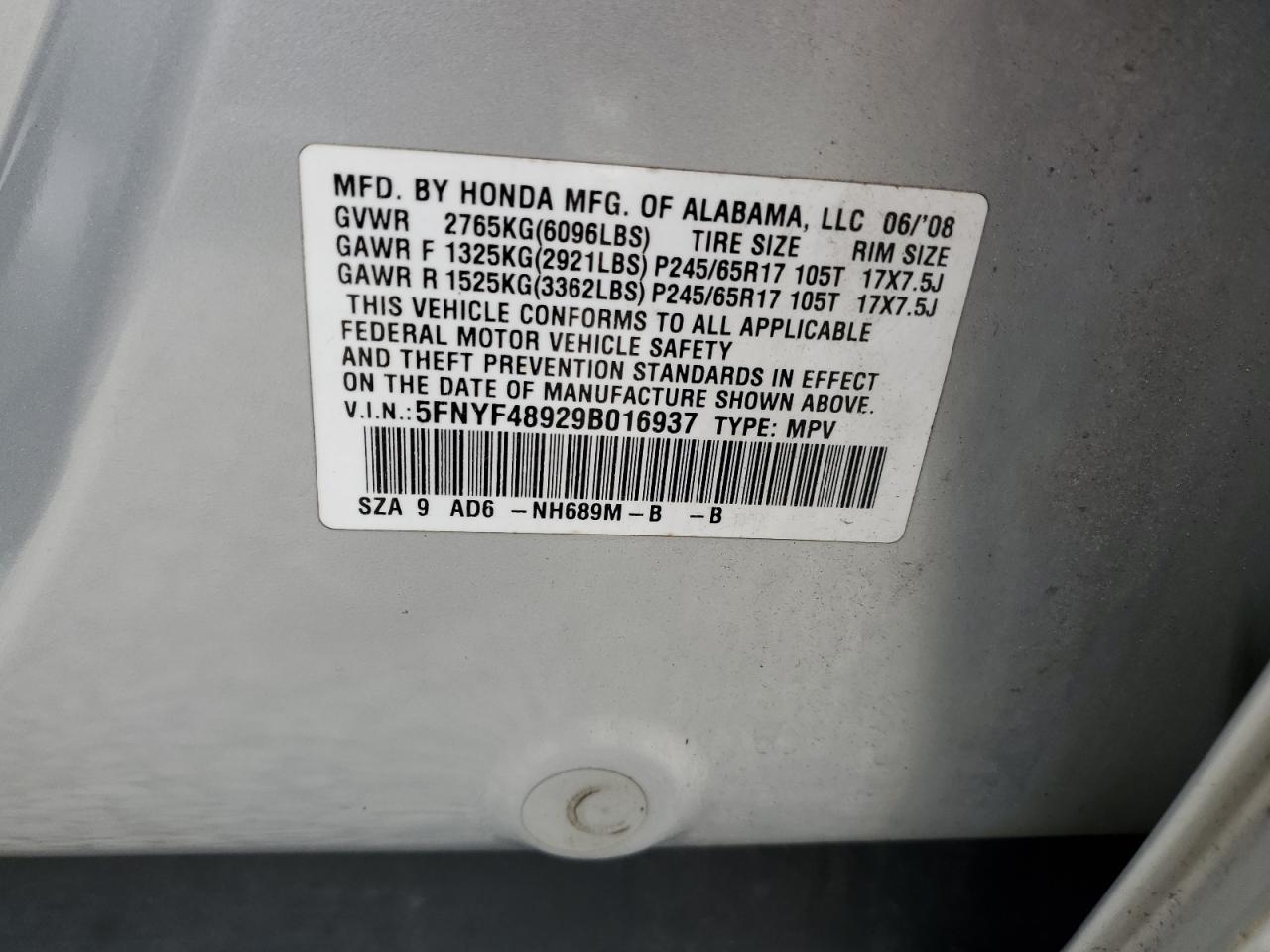 2009 Honda Pilot Touring VIN: 5FNYF48929B016937 Lot: 86481055