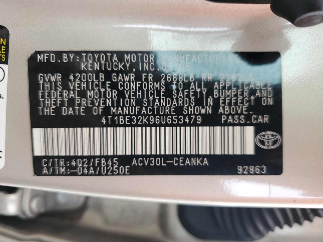 2006 Toyota Camry Le VIN: 4T1BE32K96U653479 Lot: 82399035