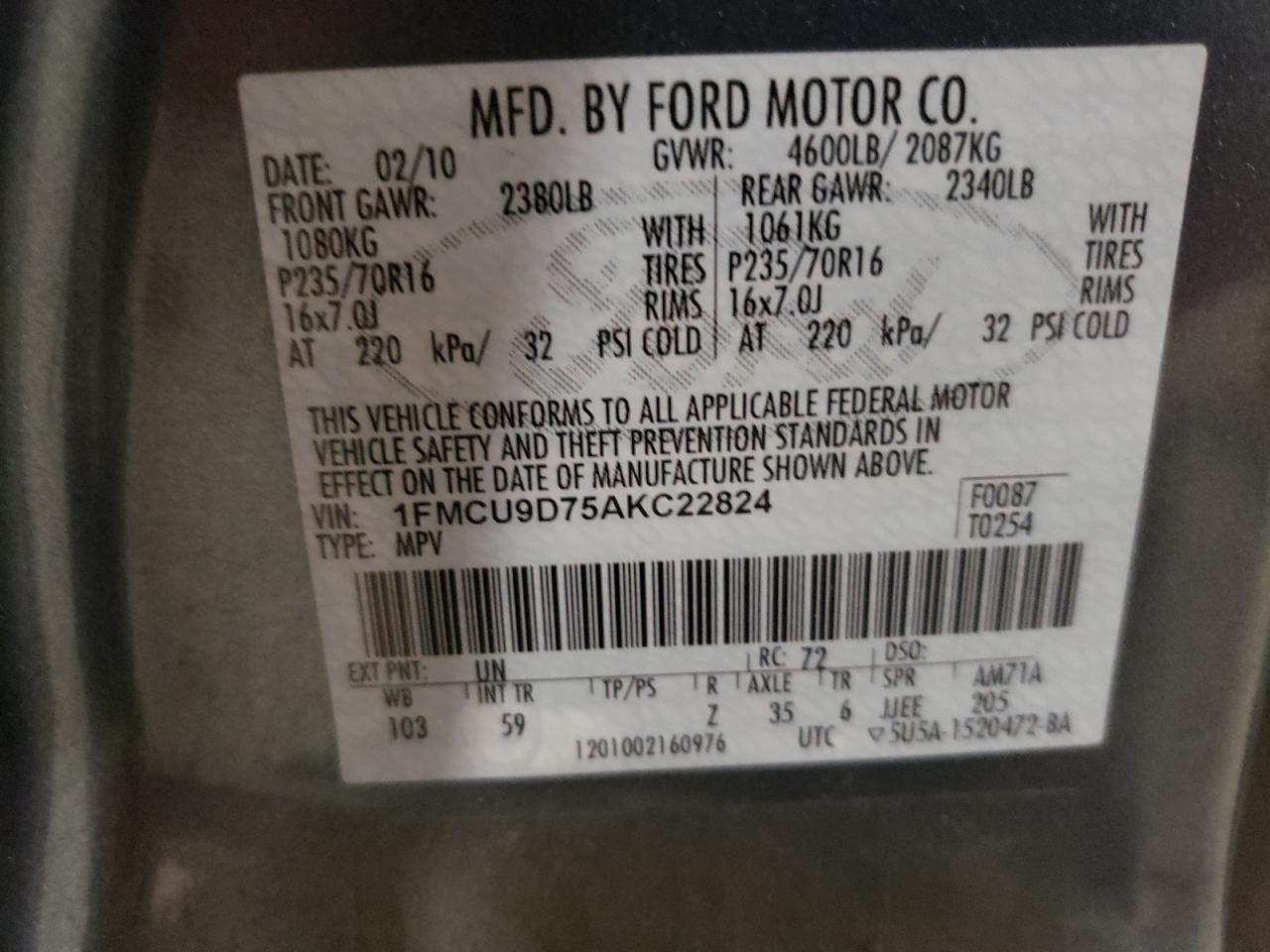 2010 Ford Escape Xlt VIN: 1FMCU9D75AKC22824 Lot: 85528795