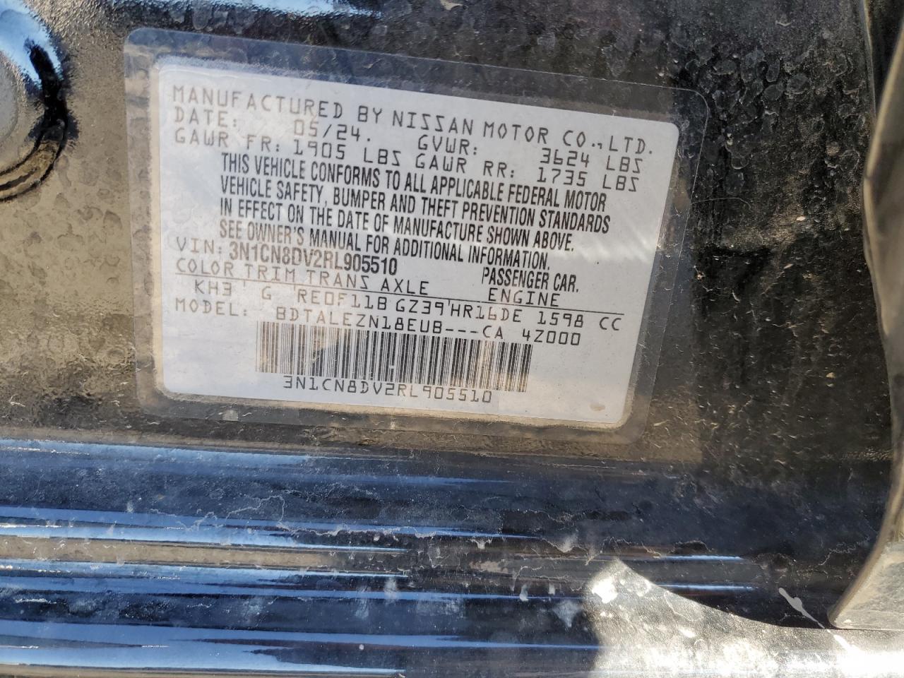 2024 Nissan Versa S VIN: 3N1CN8DV2RL905510 Lot: 82316775