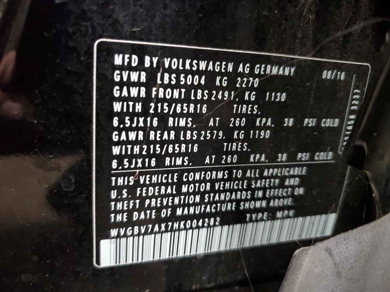 2017 Volkswagen Tiguan S VIN: WVGBV7AX7HK004282 Lot: 86475615