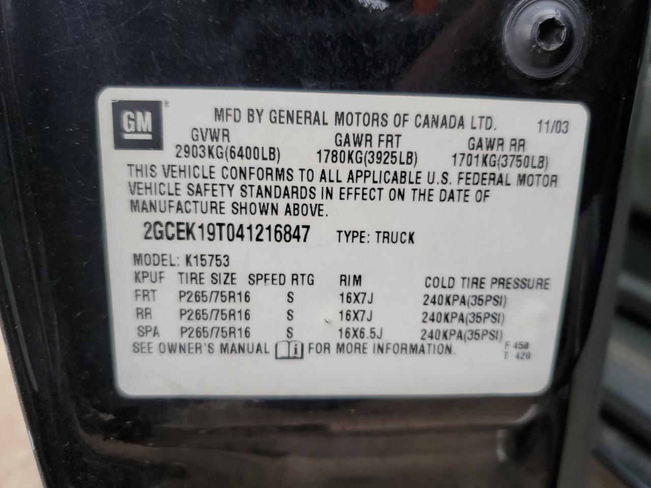 2004 Chevrolet Silverado K1500 VIN: 2GCEK19T041216847 Lot: 86540015