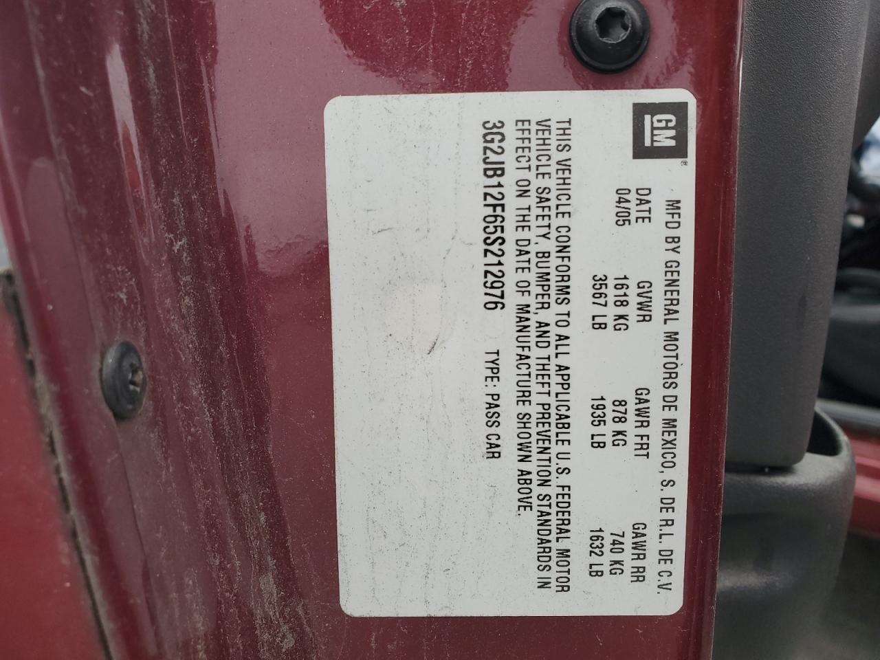 2005 Pontiac Sunfire VIN: 3G2JB12F65S212976 Lot: 86244315