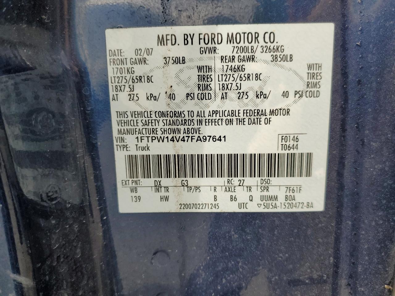 2007 Ford F150 Supercrew VIN: 1FTPW14V47FA97641 Lot: 82490035