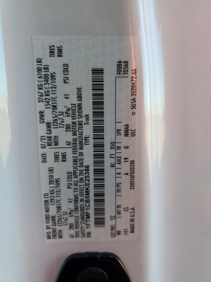 2021 Ford F150 VIN: 1FTMF1CB5MKE25386 Lot: 91023565