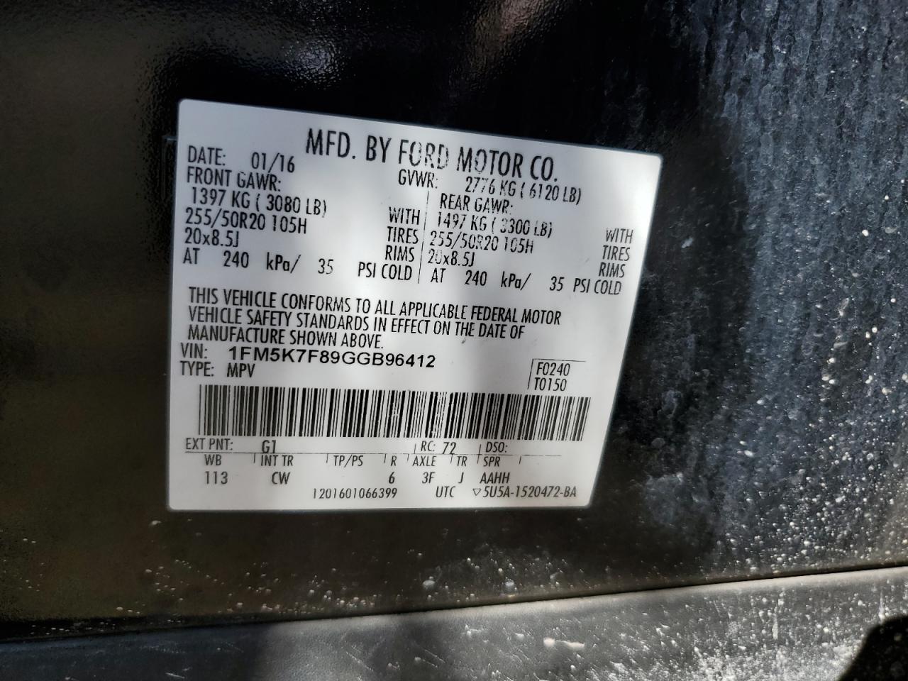 2016 Ford Explorer Limited VIN: 1FM5K7F89GGB96412 Lot: 84735275