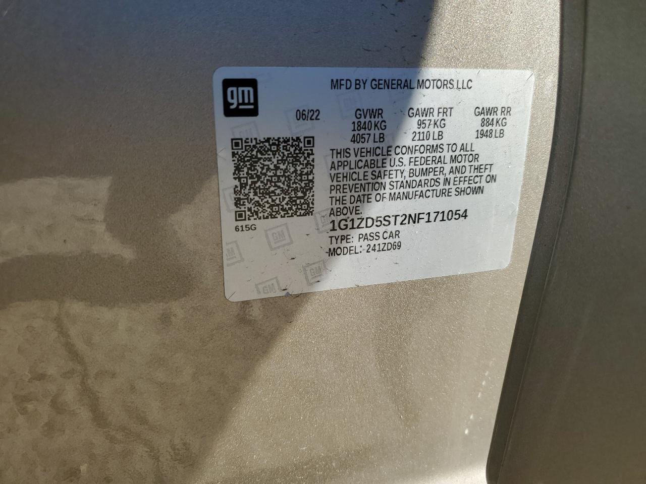 2022 Chevrolet Malibu Lt VIN: 1G1ZD5ST2NF171054 Lot: 85269255