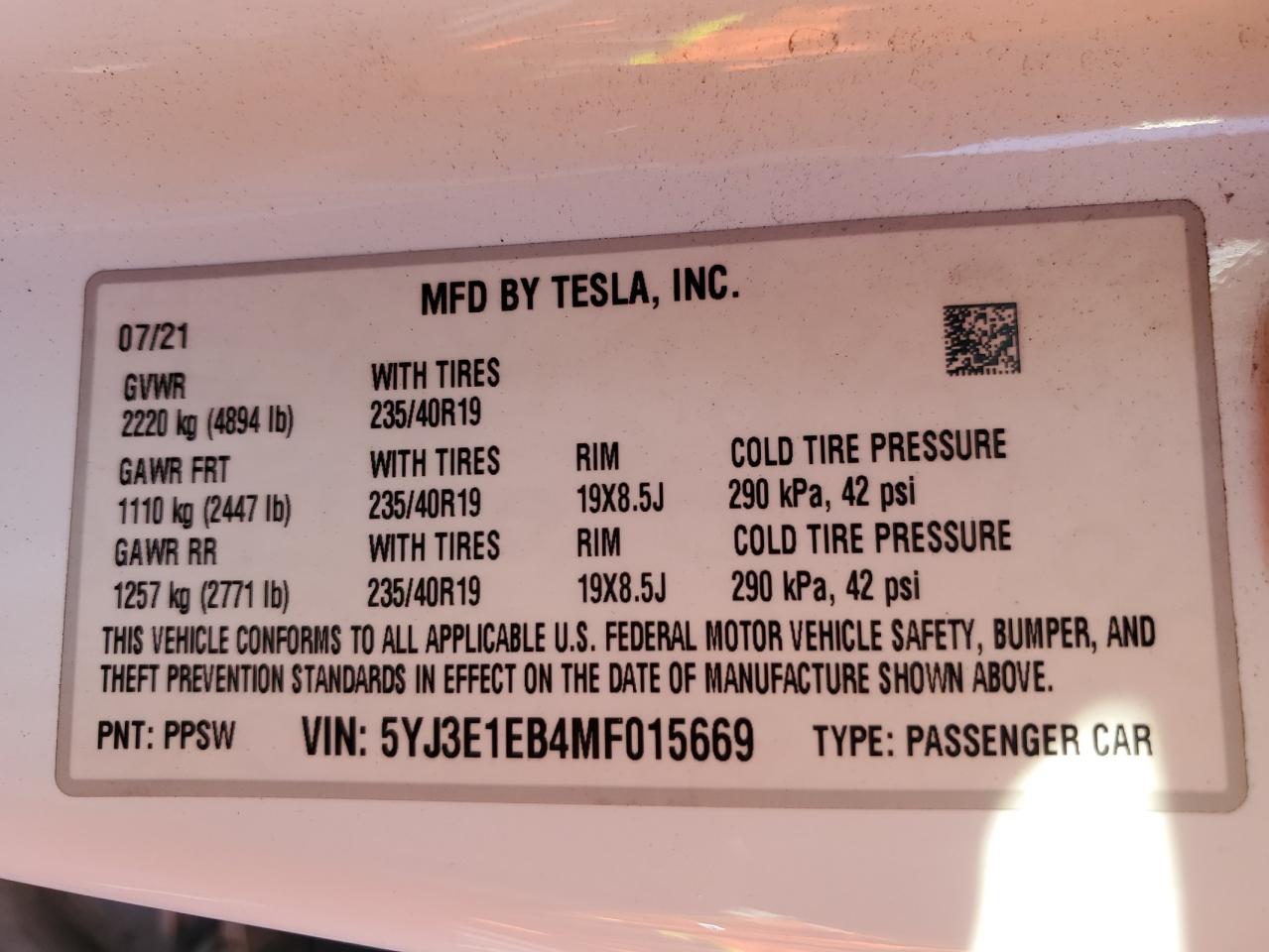 2021 Tesla Model 3 VIN: 5YJ3E1EB4MF015669 Lot: 86689715