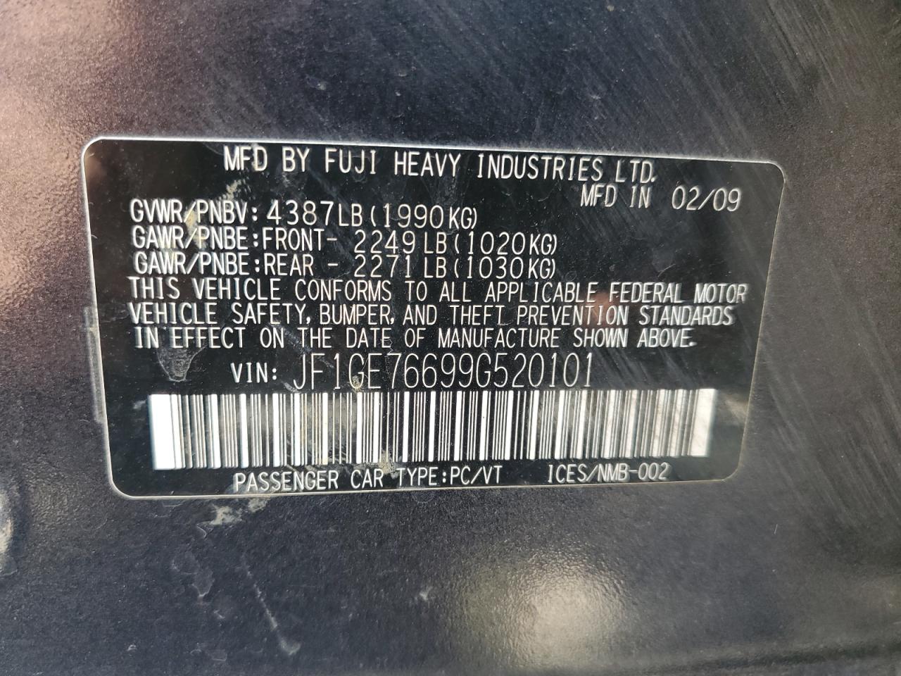 2009 Subaru Impreza Wrx VIN: JF1GE76699G520101 Lot: 86135825