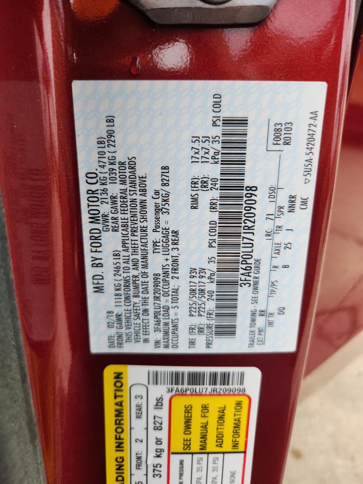 2018 Ford Fusion Se Hybrid VIN: 3FA6P0LU7JR209098 Lot: 89650215