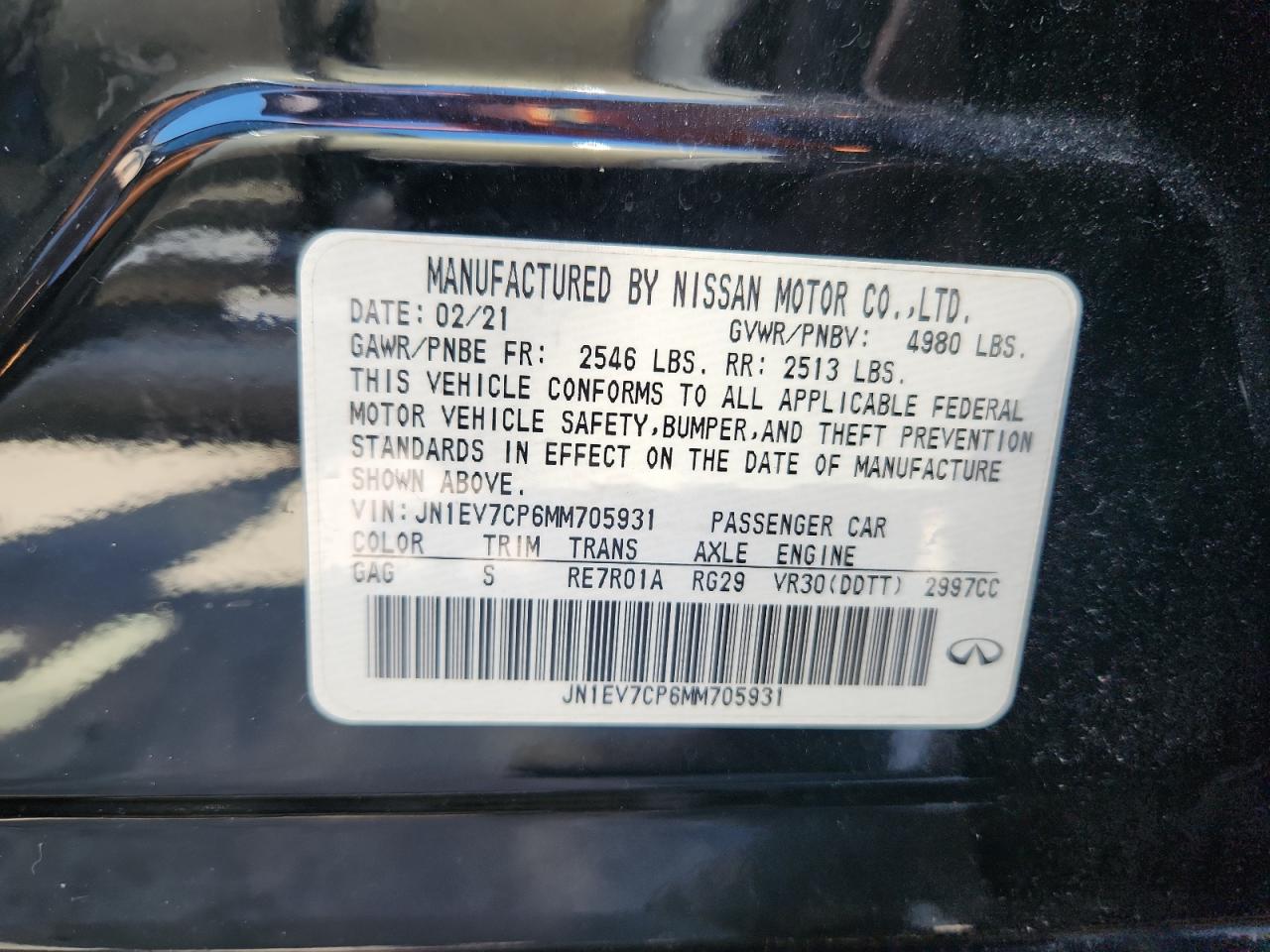 2021 Infiniti Q50 Sensory VIN: JN1EV7CP6MM705931 Lot: 85662855