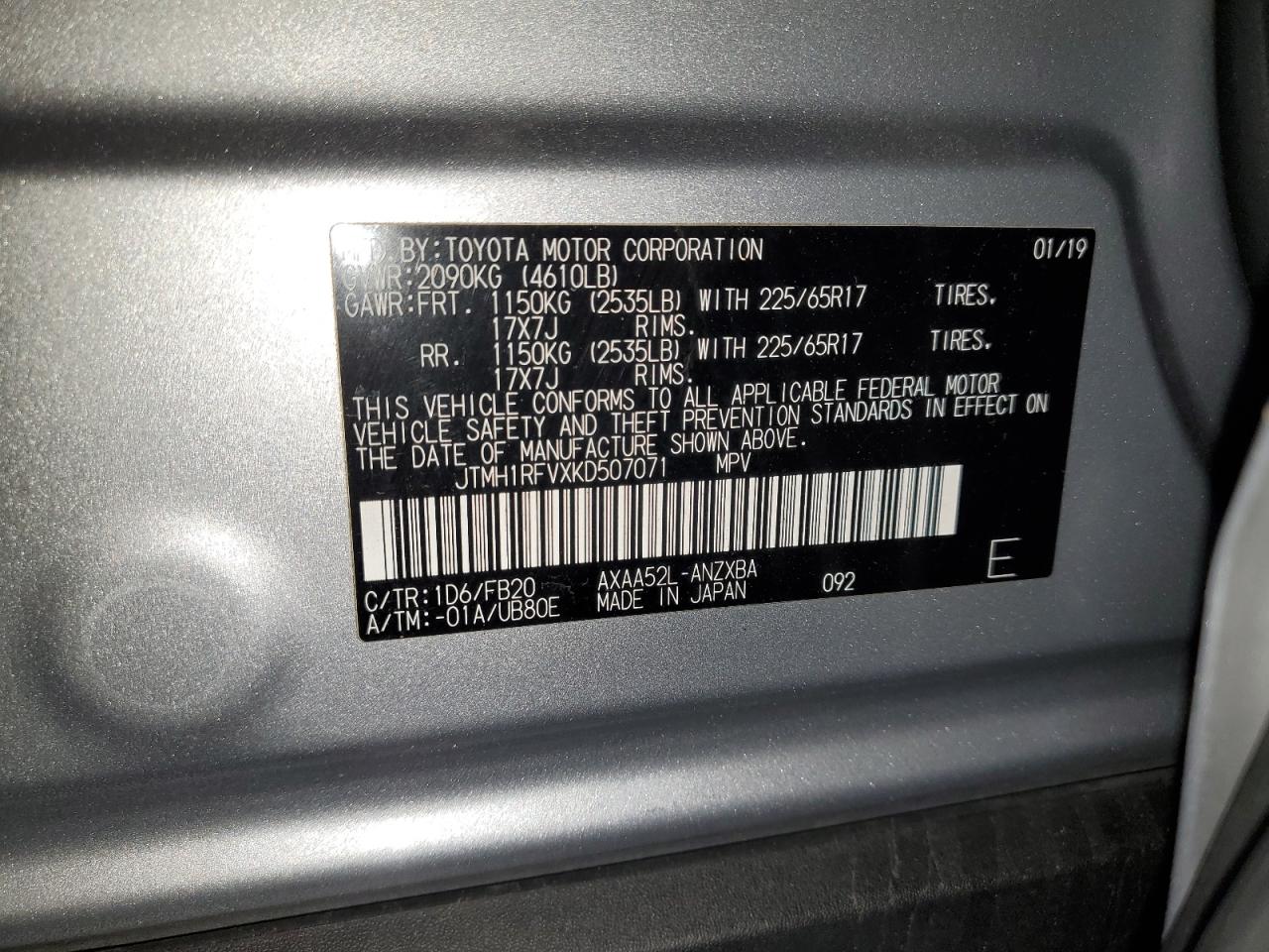 2019 Toyota Rav4 Le VIN: JTMH1RFVXKD507071 Lot: 85334205