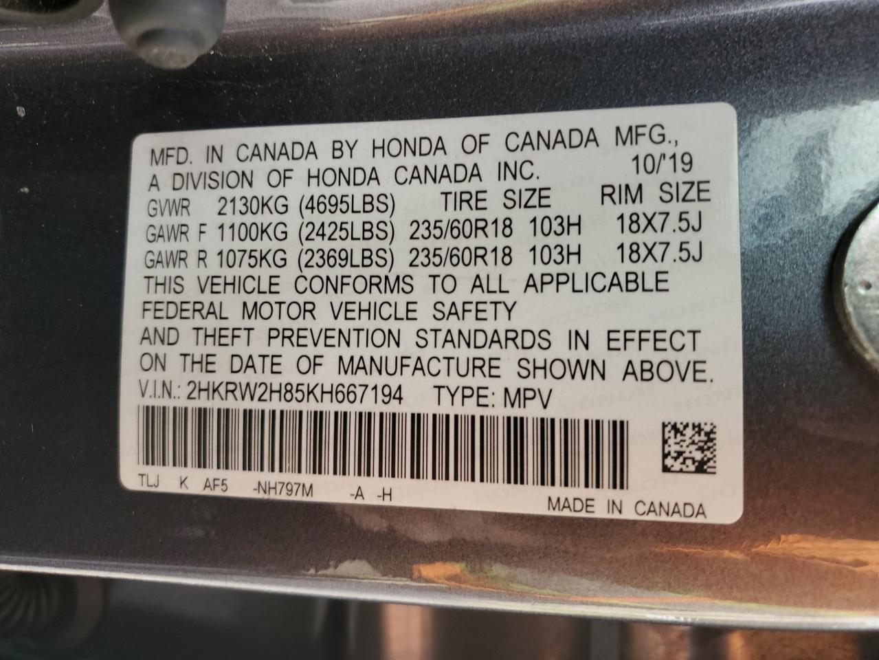 2019 Honda Cr-V Exl VIN: 2HKRW2H85KH667194 Lot: 86497205