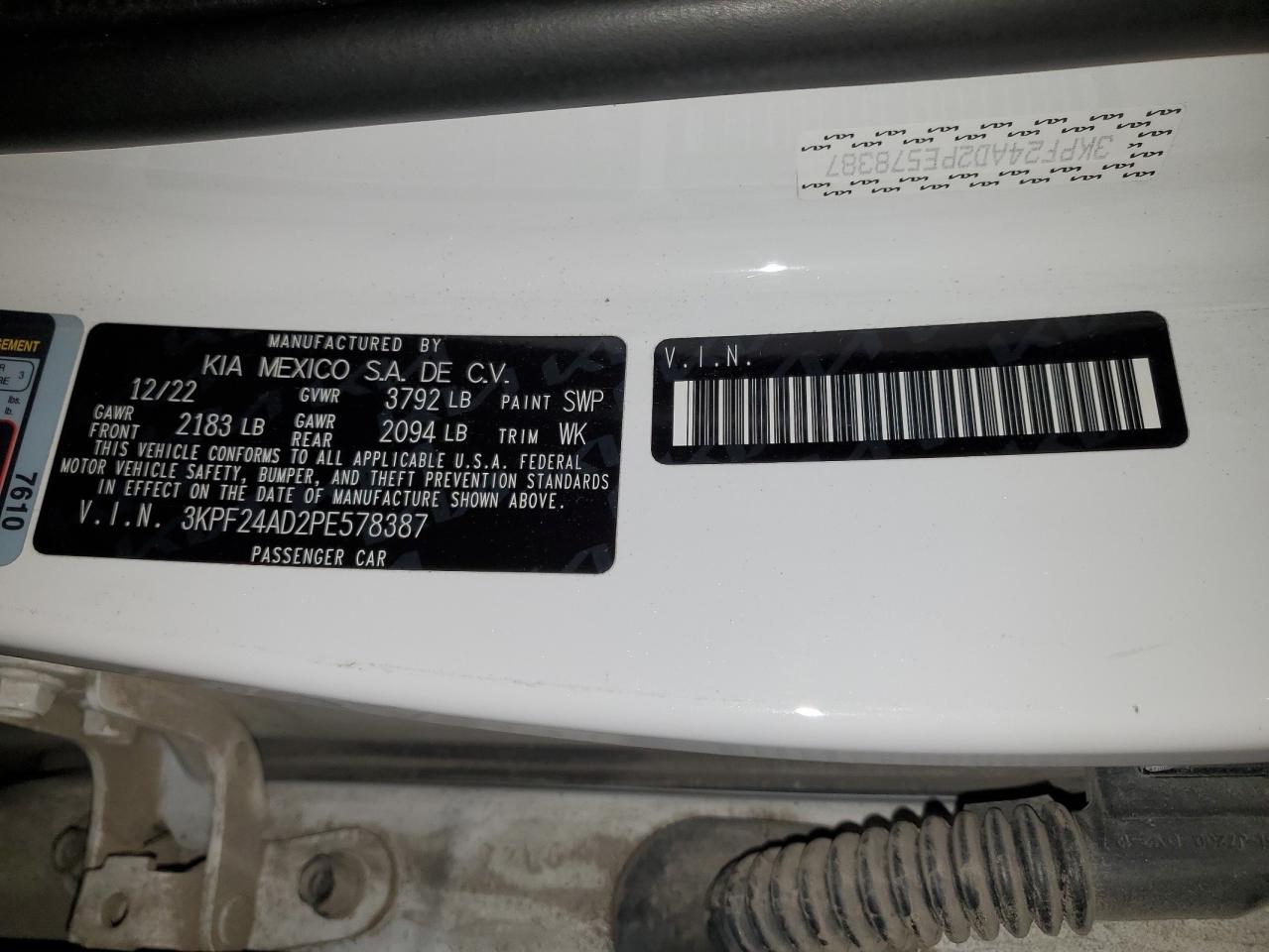 2023 Kia Forte Lx VIN: 3KPF24AD2PE578387 Lot: 87309015