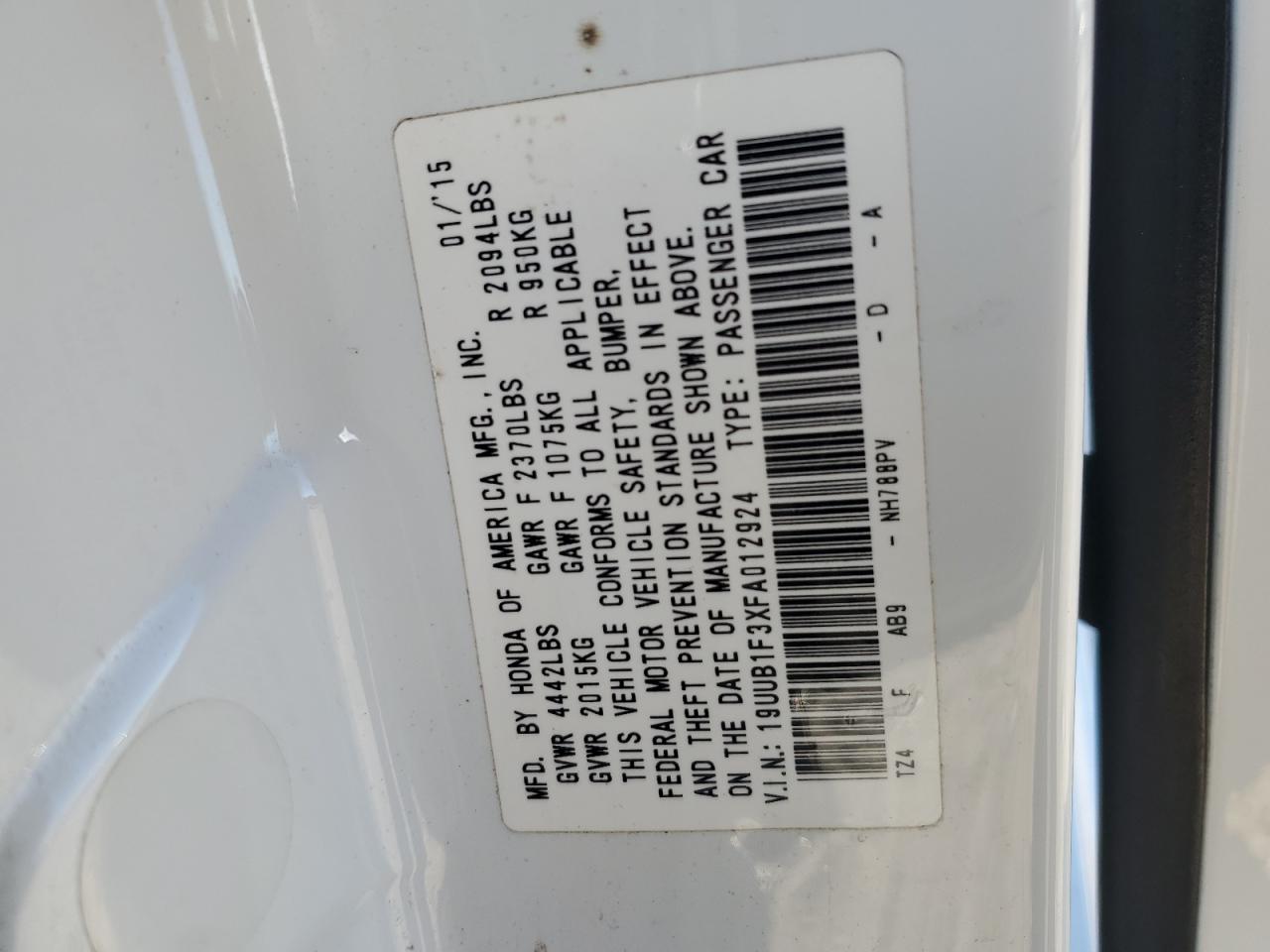 2015 Acura Tlx VIN: 19UUB1F3XFA012924 Lot: 86993035